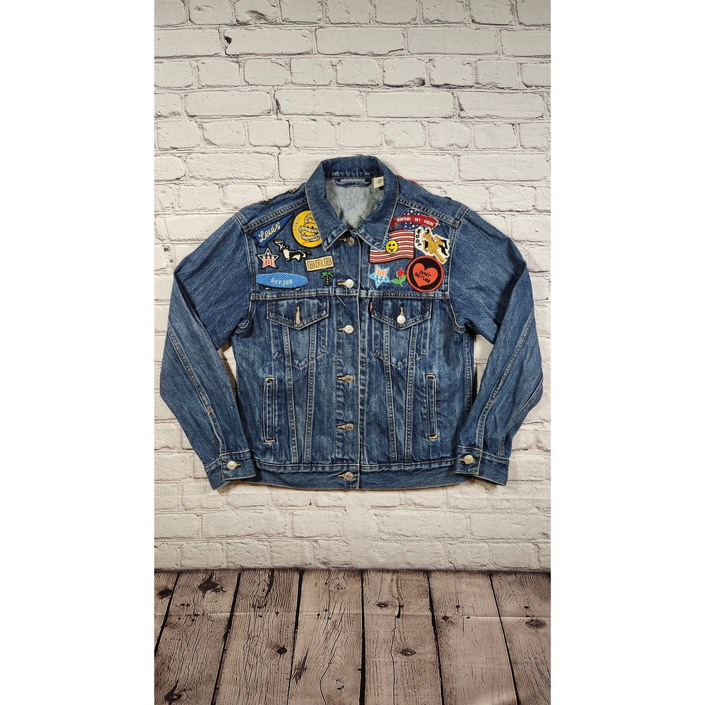 Womens Levi Denim Jacket Medium Wash Custom Sewn Patches Blue Size S Y2K Style